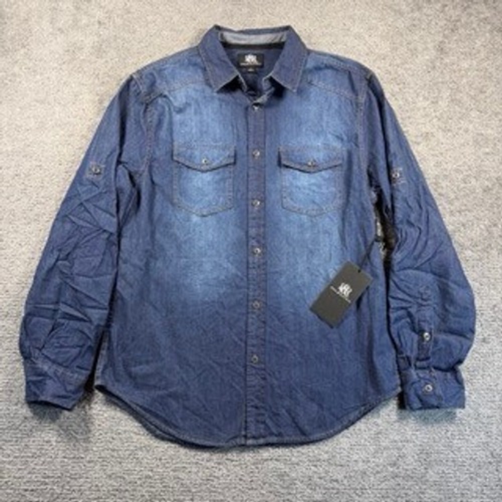 Rock & Republic Womens Denim Button Down Shirt Indigo Blue Roll Tab M Chambray